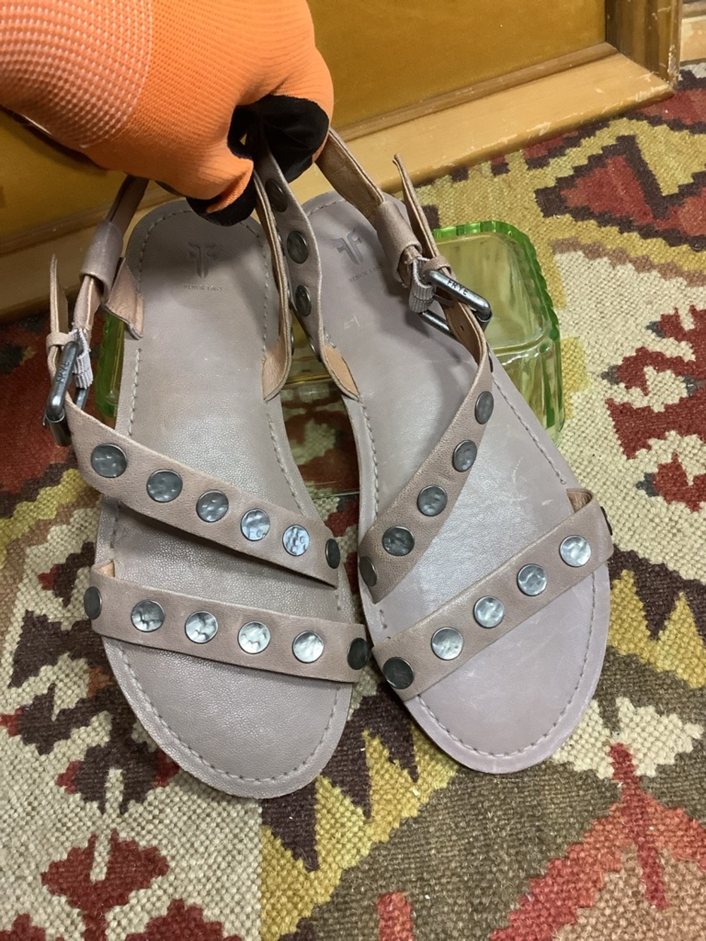 Frye Taupe Morgan Hammered Studded Leather Studded Slingback Sandals